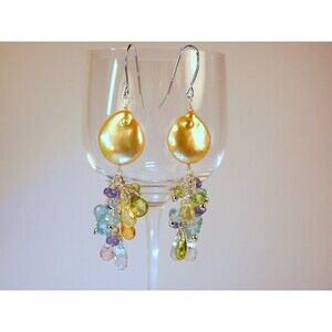 Pearl Aquamarine-Tanzanite-Yellow Quartz-Rock Quartz Sterling Beaded Earrings